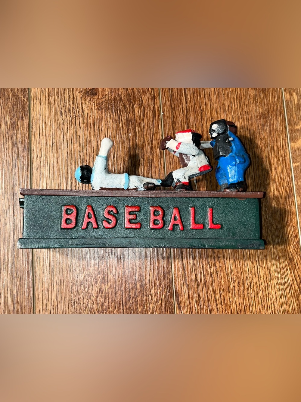 Cast Iron Baseball Mechanical Coin Bank Player Sliding to Home 1995